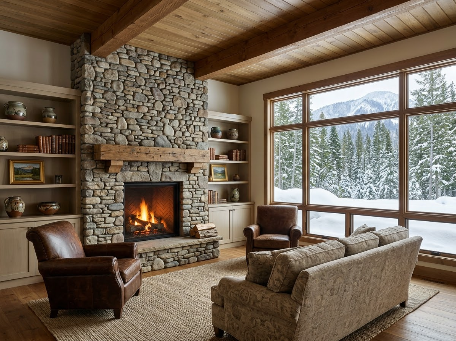 Cozy living room with stone fireplace, leather chairs, and snowy mountain view through large windows