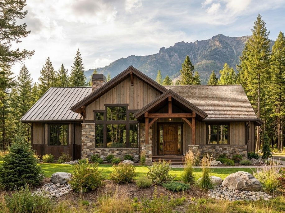 Rustic mountain cabin with wood siding, stone accents, and pine trees in the foreground