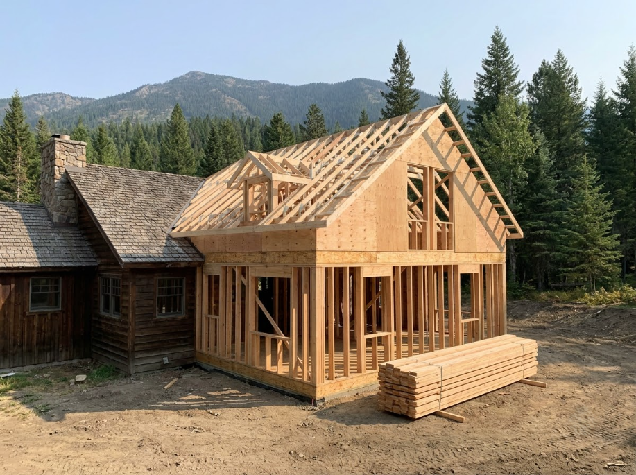 Partially framed wooden house under construction with lumber stacked outside, against mountain and pine forest backdrop