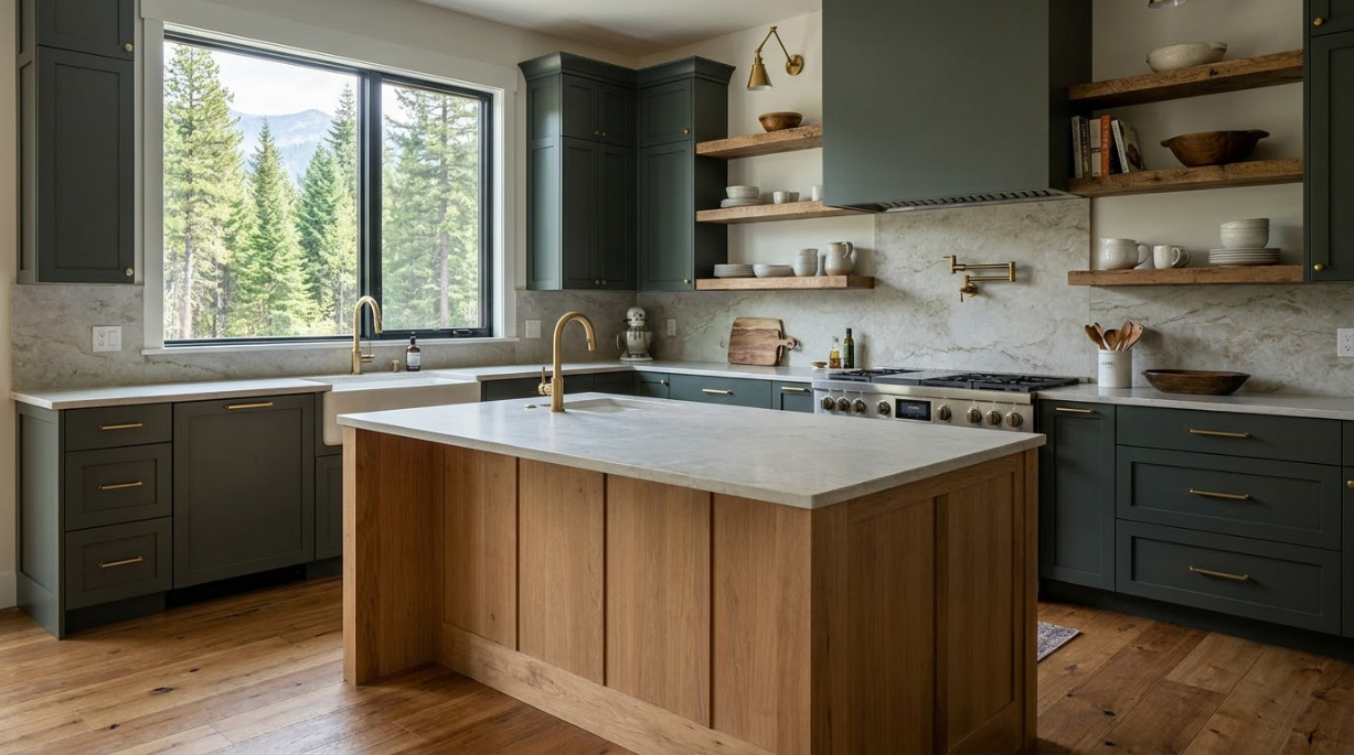 Modern kitchen with wood island, dark cabinets, open shelves, and a large window overlooking trees