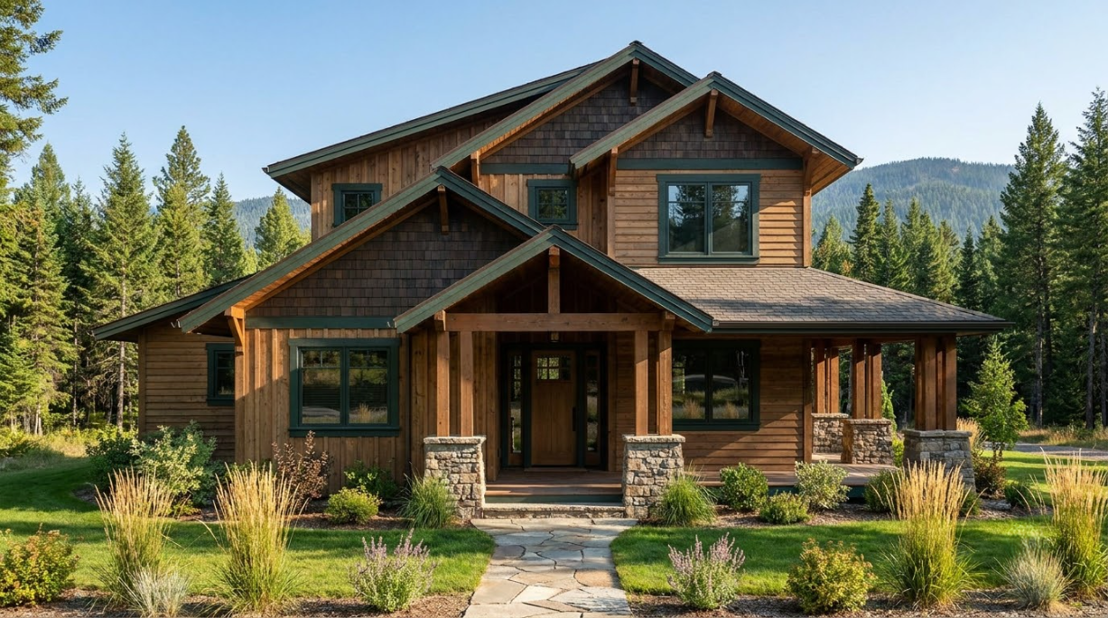 Modern two-story wooden cabin with stone accents and a front porch, set in a lush forested mountain landscape