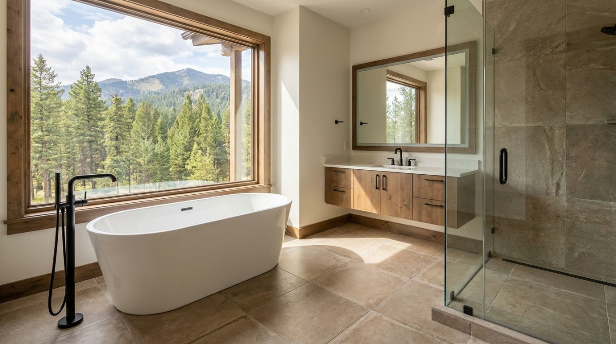 Modern bathroom with freestanding tub, walk-in glass shower, double vanity, and mountain view window