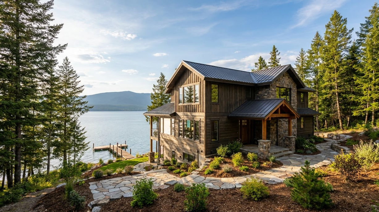 Rustic lakeside cabin with stone chimney, surrounded by pine trees and mountains under a blue sky