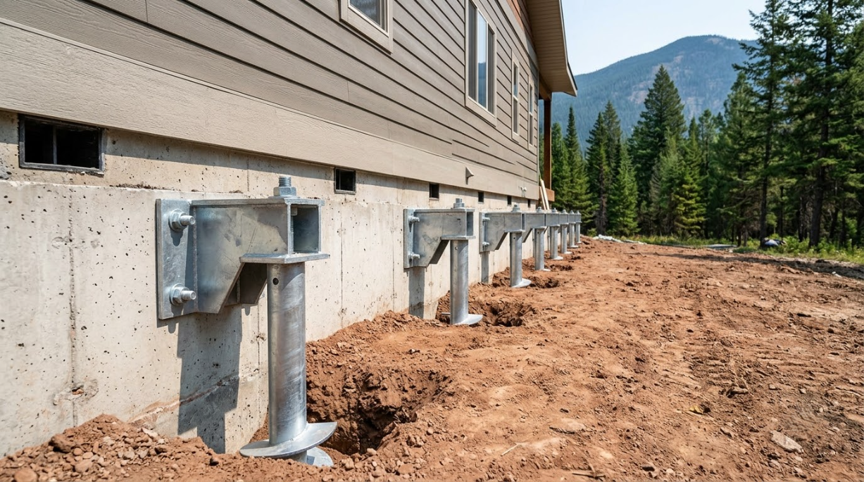 Metal foundation supports along a house exterior beside a dirt lot and pine trees, with mountains in the background