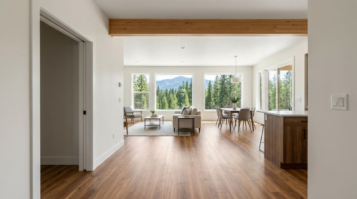 Bright open living room with wood floors, exposed beam, and large windows overlooking greenery