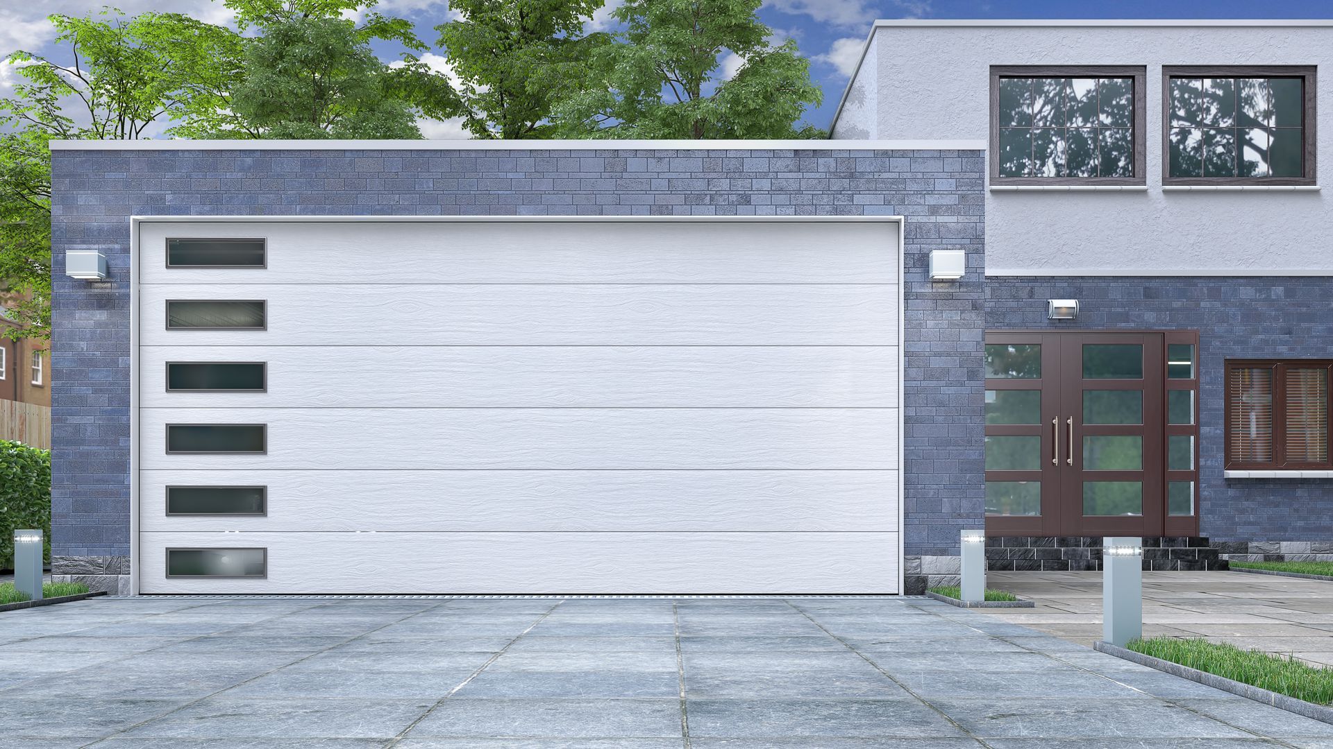 A white garage door with a vertical row of six small rectangular windows on the left, attached to a modern brick house.