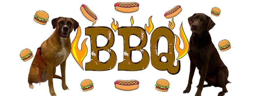 Two dogs are standing in front of the word bbq
