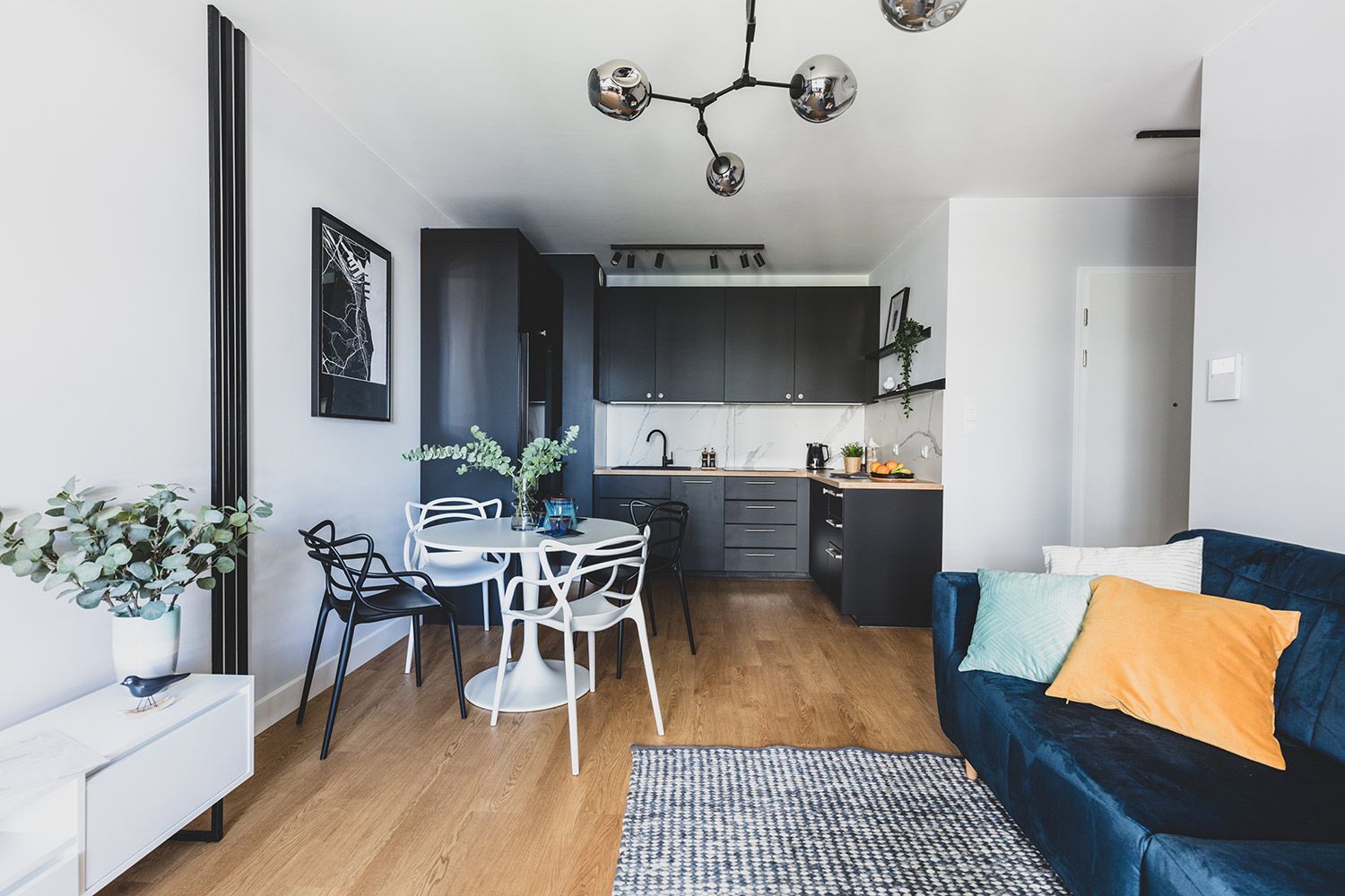 Modern open-plan living room and kitchen with sofa