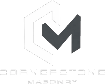 Cornerstone Masonry logo with gray geometric emblem and text on a white background
