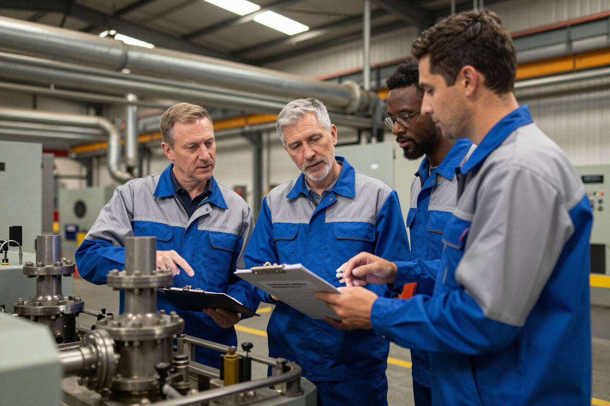 Cuatro ingenieros con uniformes de trabajo azules revisan un portapapeles junto a maquinaria industrial en una fábrica.