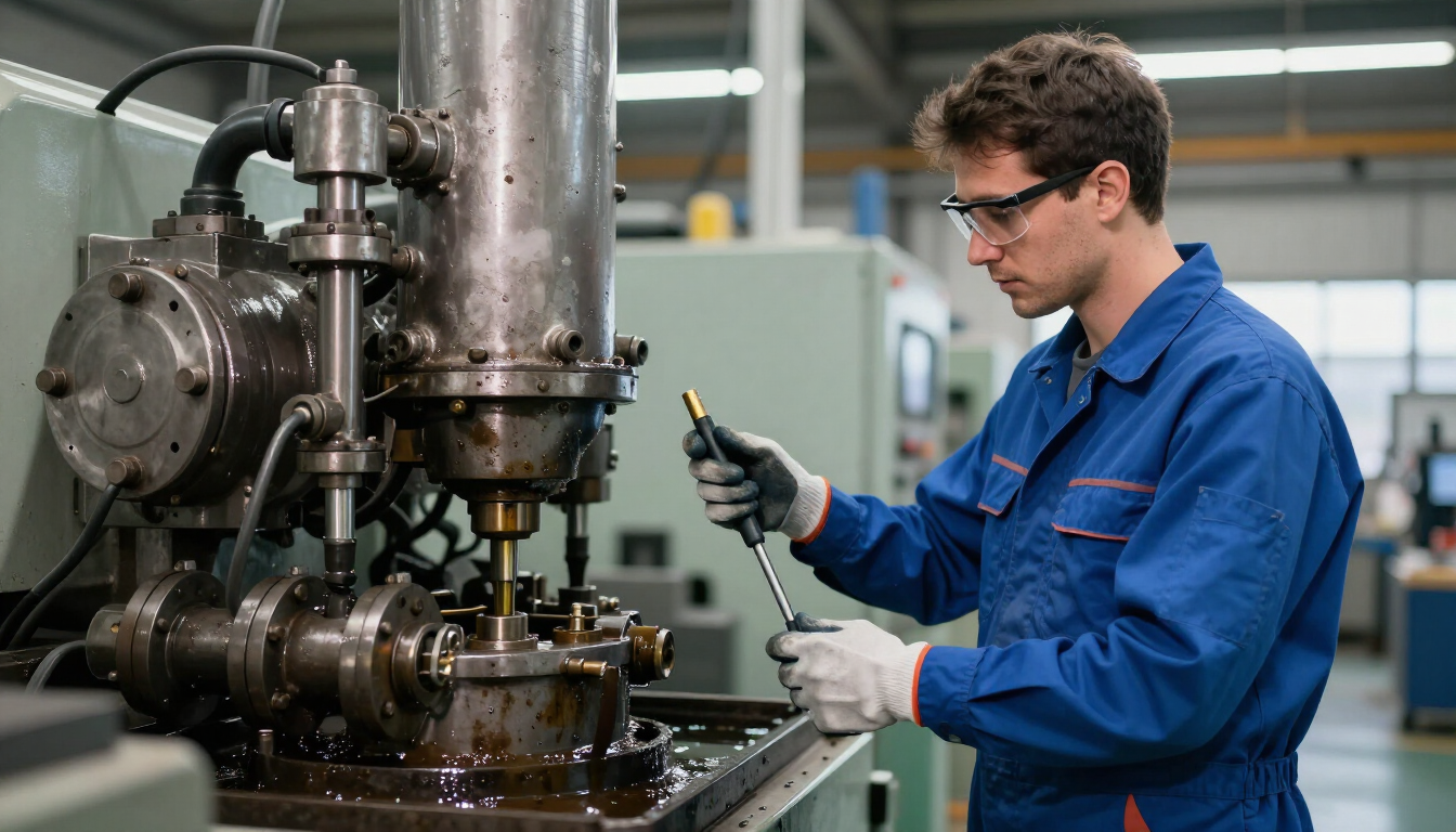 Técnico con mono azul inspeccionando maquinaria industrial con un dispositivo portátil en una fábrica.