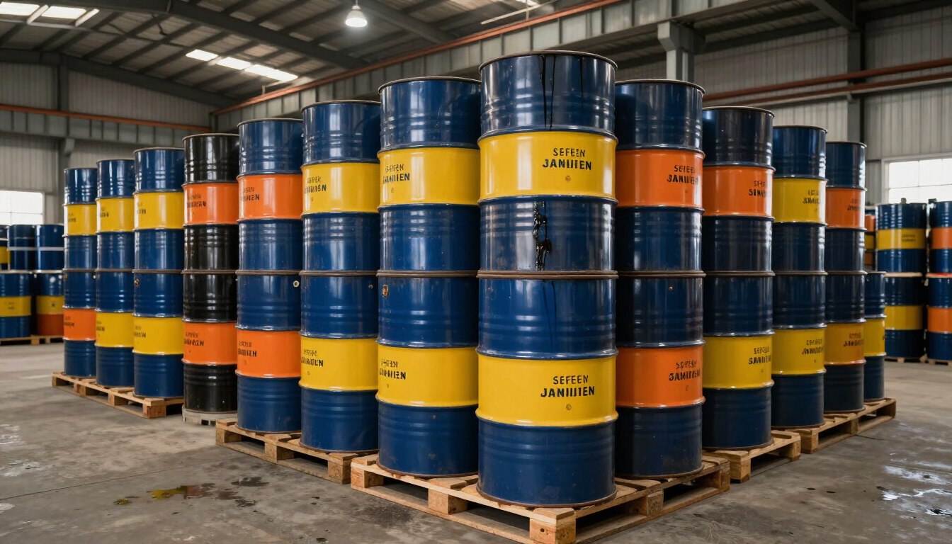 Filas de bidones industriales azules y amarillos apilados sobre palés de madera dentro de un almacén.