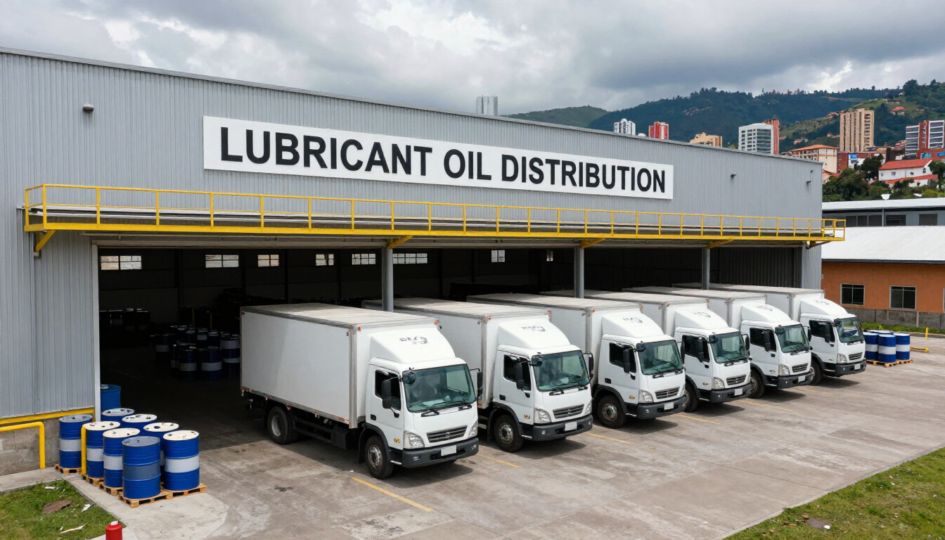 Almacén de distribución de aceite lubricante con varios camiones de reparto blancos estacionados