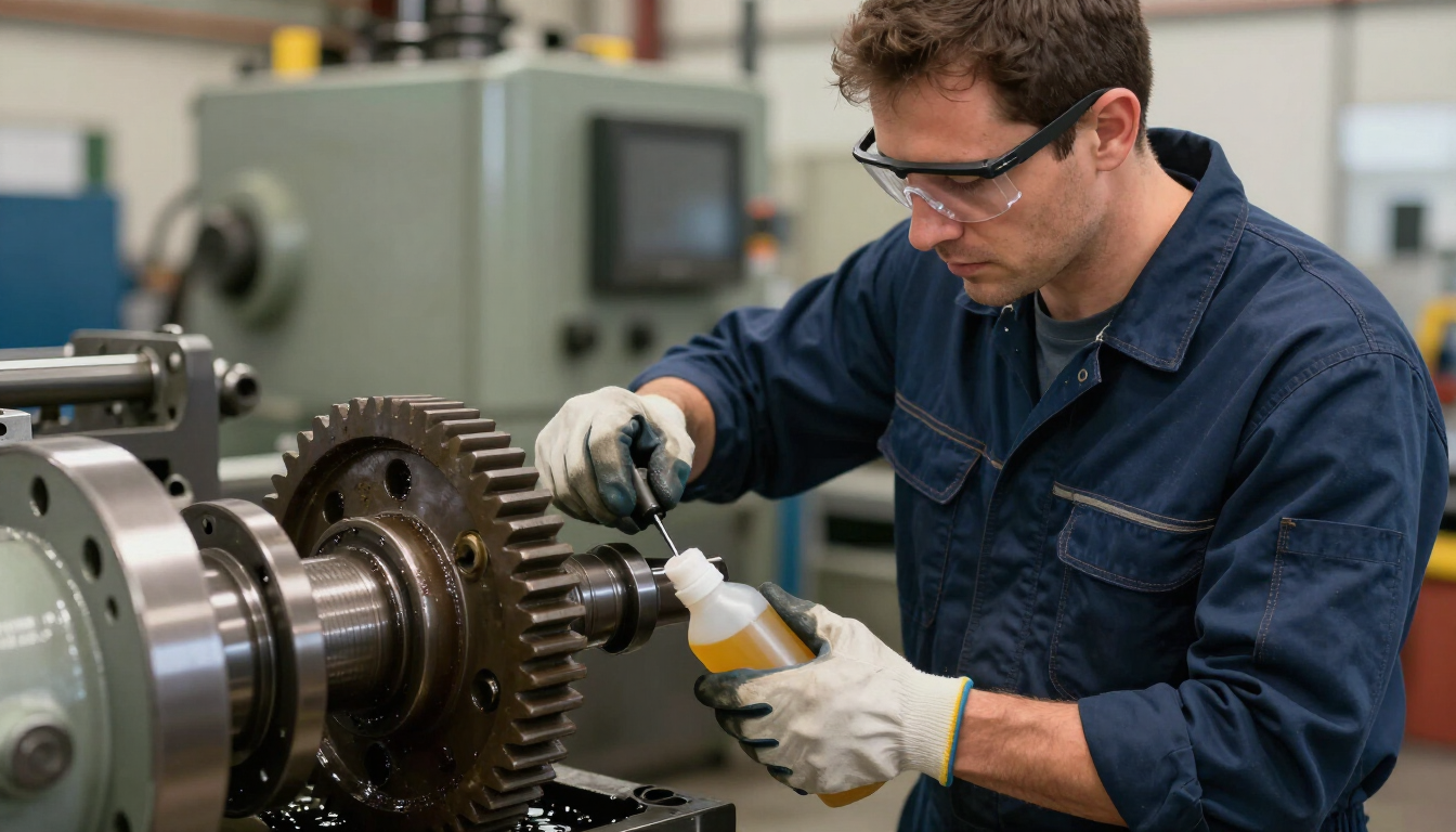 Un operario con gafas de seguridad lubrica una gran máquina de engranajes industriales en un taller.