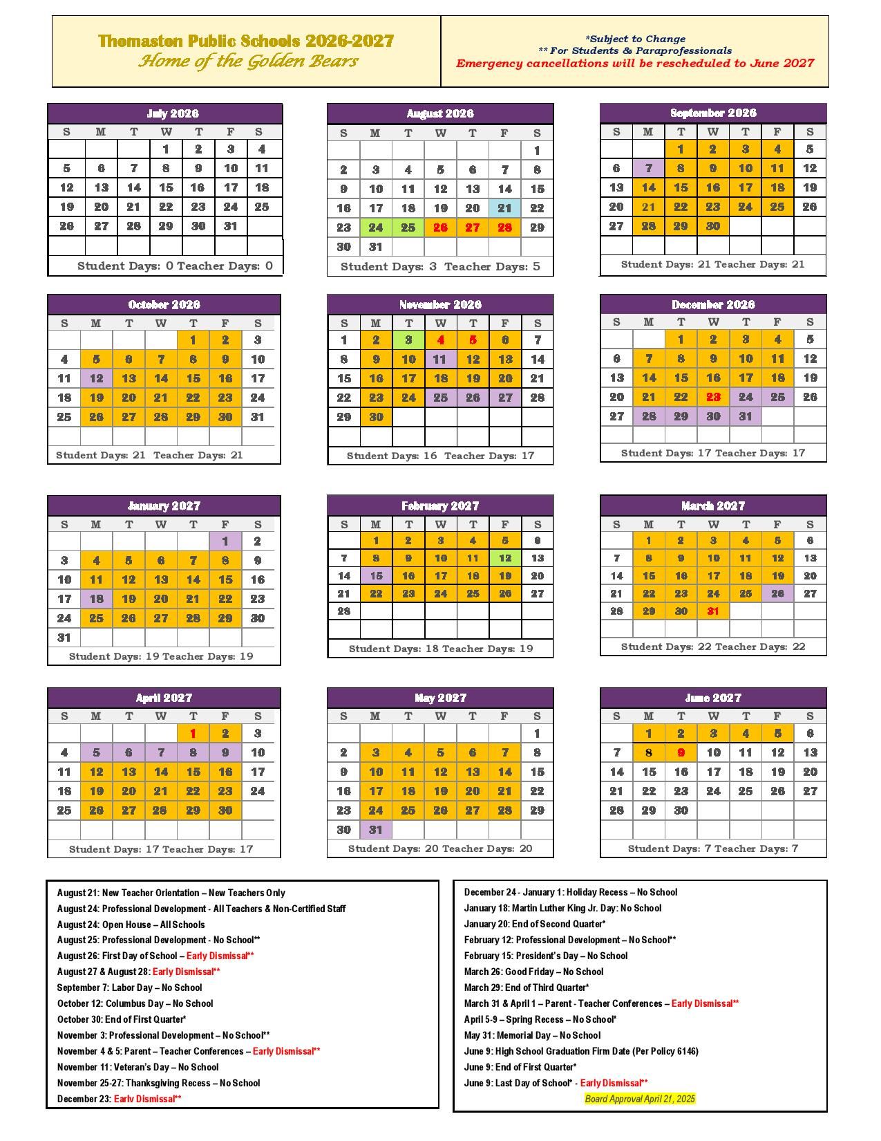 District Calendar Thomaston Public Schools