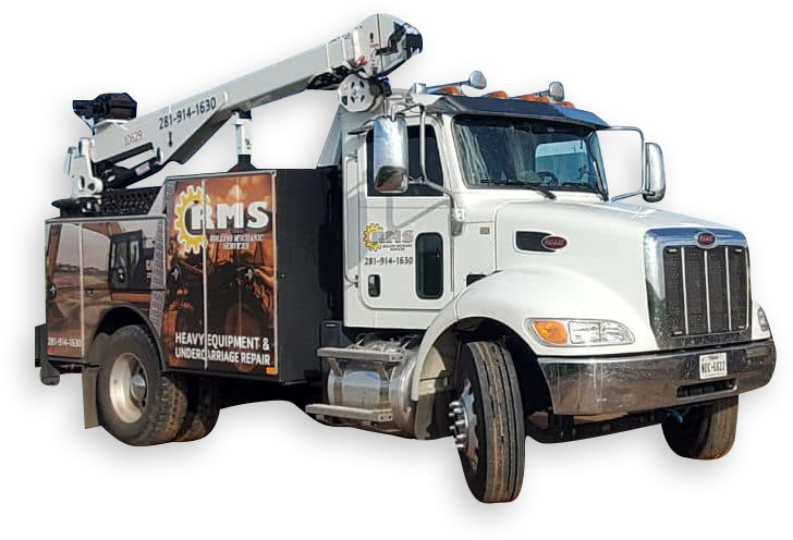 White work truck with a crane, advertising heavy equipment repair services.