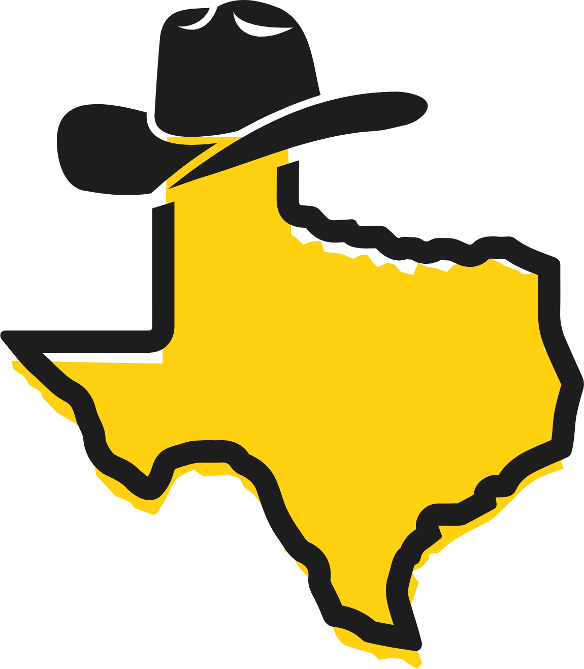 Texas outline in yellow and black, wearing a black cowboy hat.