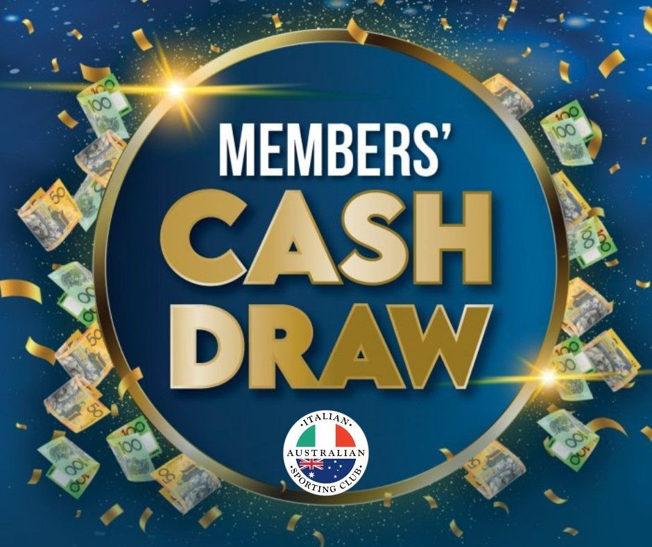 Blue-and-gold Members’ Cash Draw promo with floating dollar bills and a lottery-style logo Blue-and-gold Members’ Cash Draw promo with floating dollar bills and a lottery-style logo