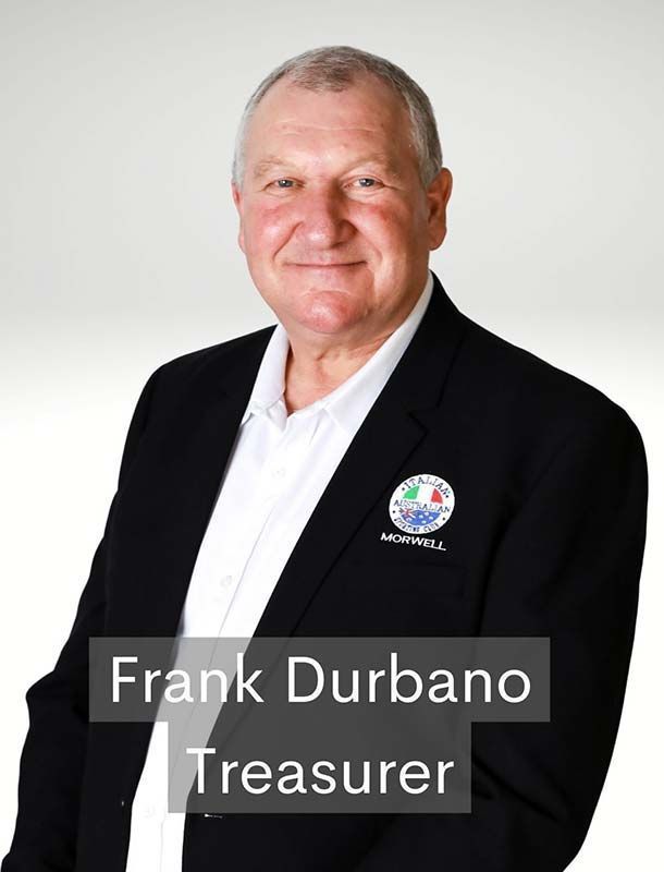 Frank Durbano in a black blazer with a treasurer name label, smiling against a white background