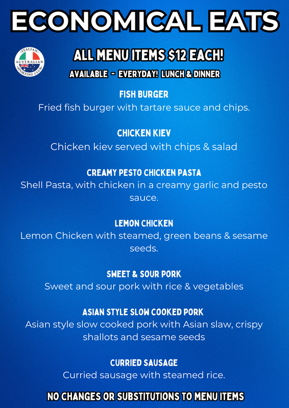 Blue menu poster listing economical eats, all items $12 each, with food descriptions and prices.