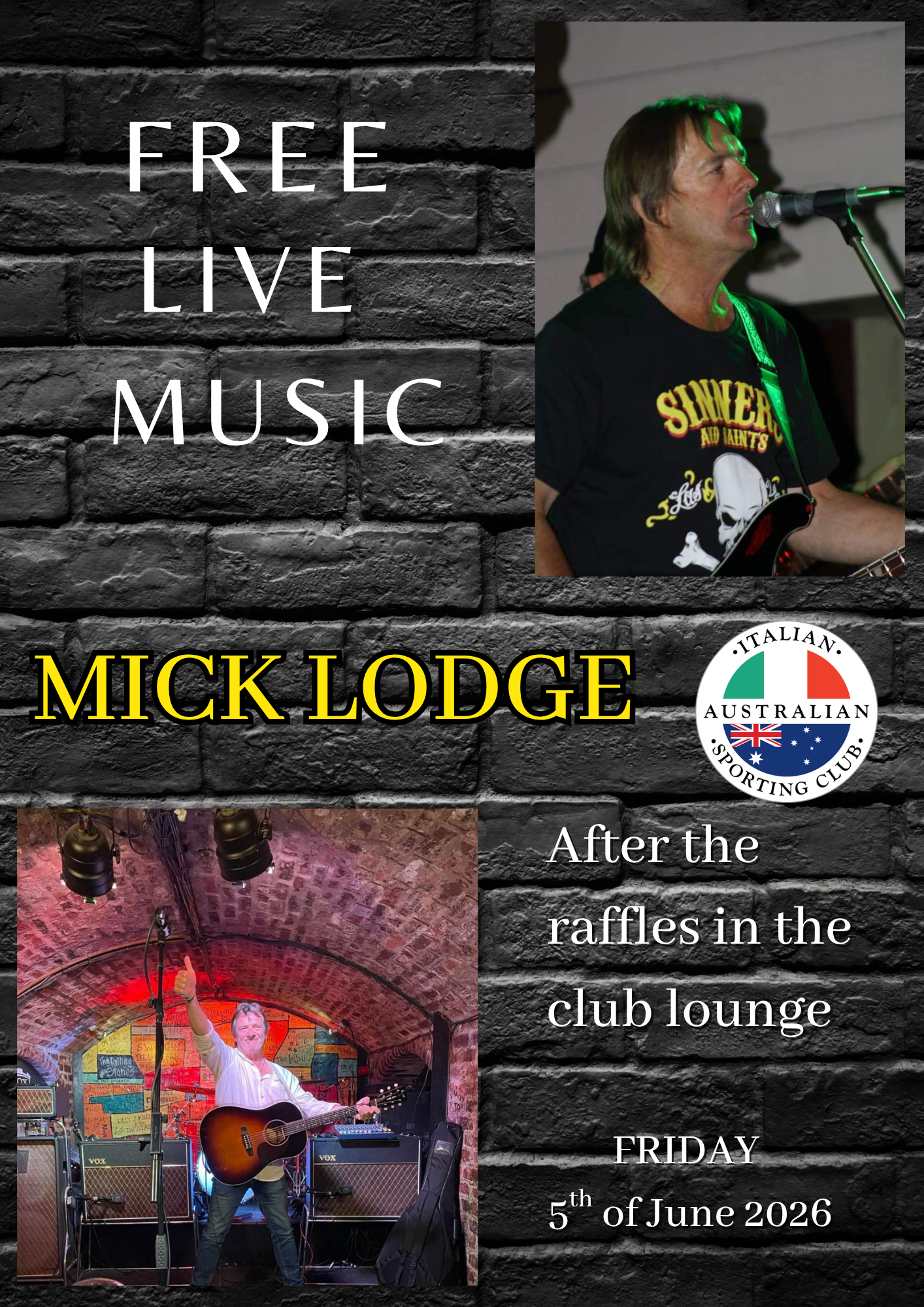 Free live music poster for Mick Lodge, with two performance photos and event details.