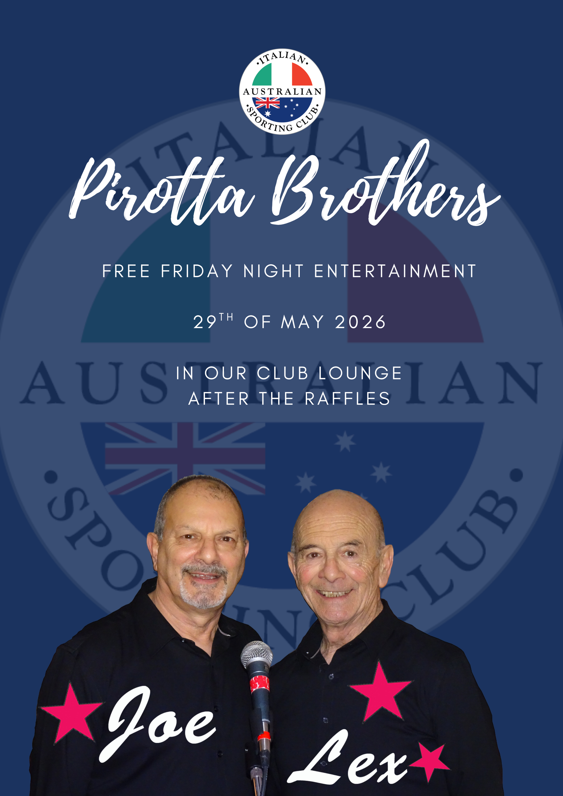 Poster for Pirotta Brothers in navy blue, with two smiling men labeled Joe and Lex at the bottom.