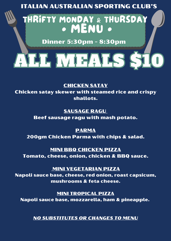 Blue restaurant flyer advertising $10 Monday–Thursday dinner meals at Italian Australian Sporting Club