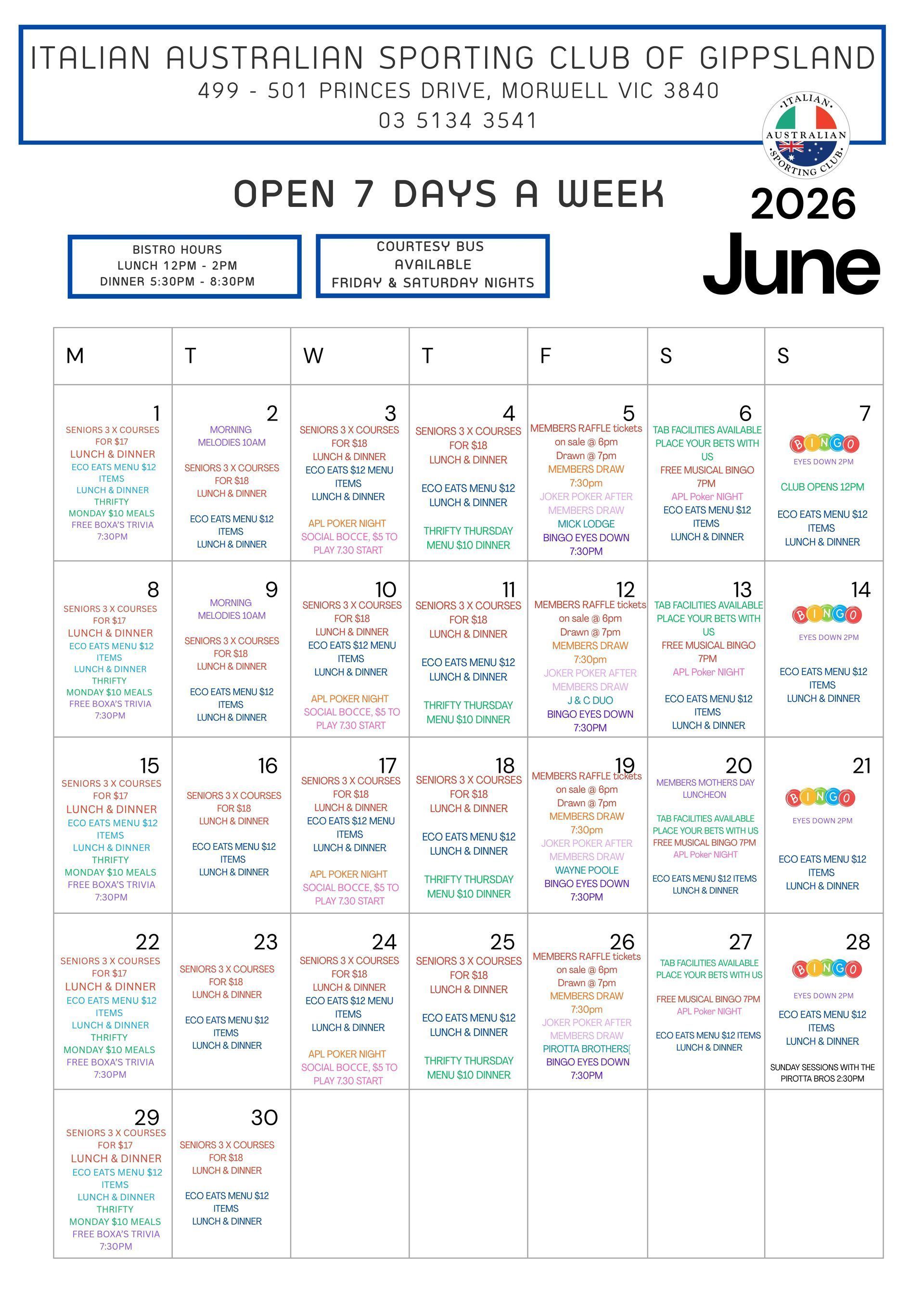 June 2026 calendar for the Italian Australian Sporting Club of Gippsland, with events listed and “Open 7 days a week.”