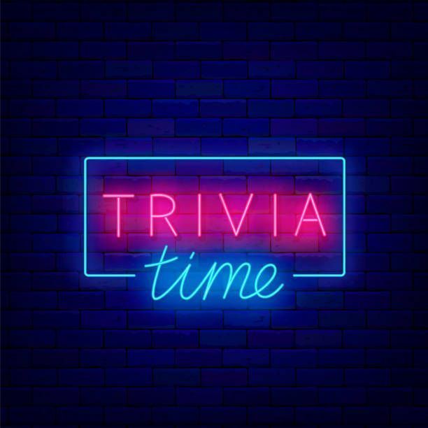 Neon sign reading “TRIVIA time” in pink and blue on a dark brick wall