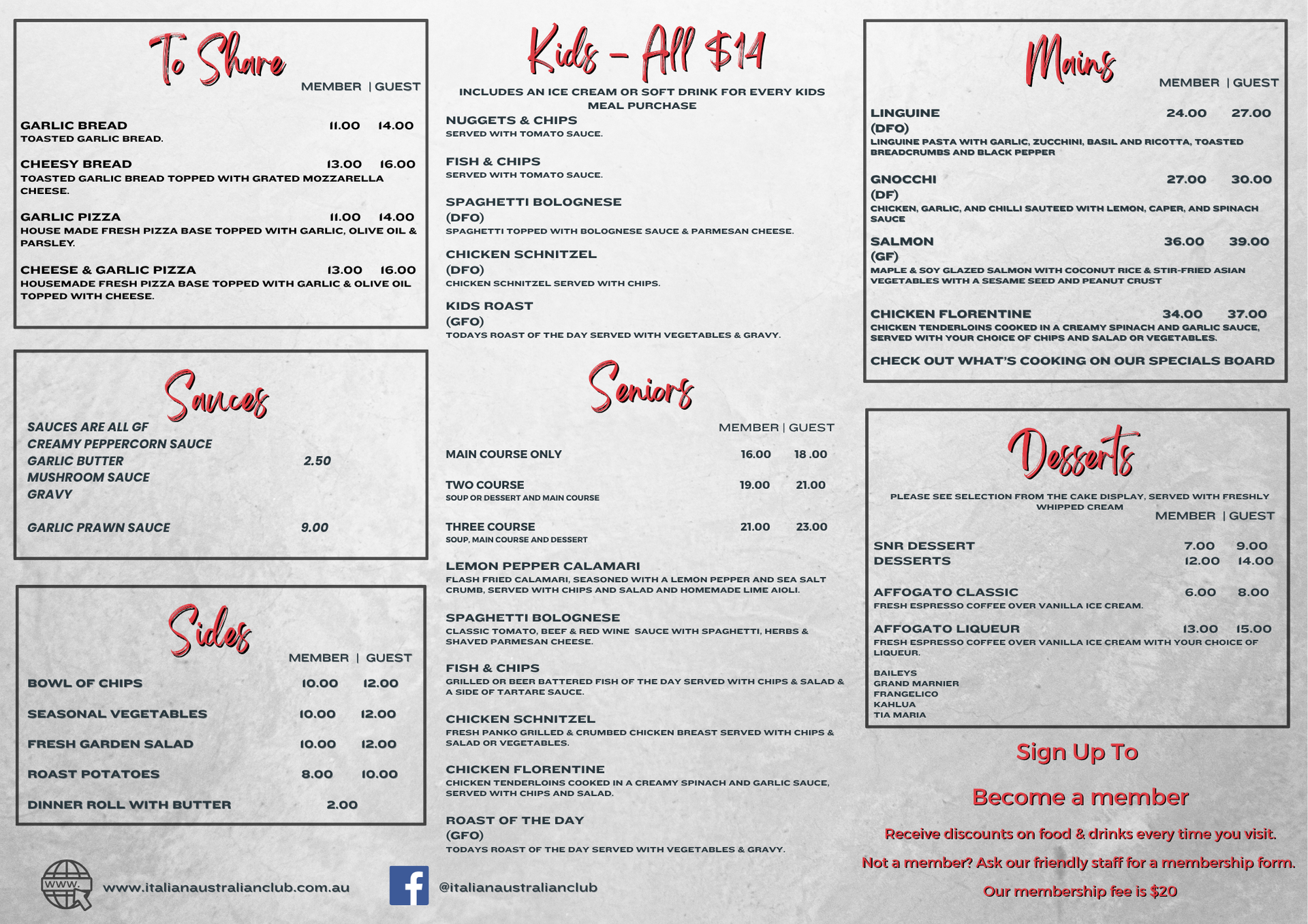 Restaurant menu board with red handwritten headings and multiple boxed sections on a light background