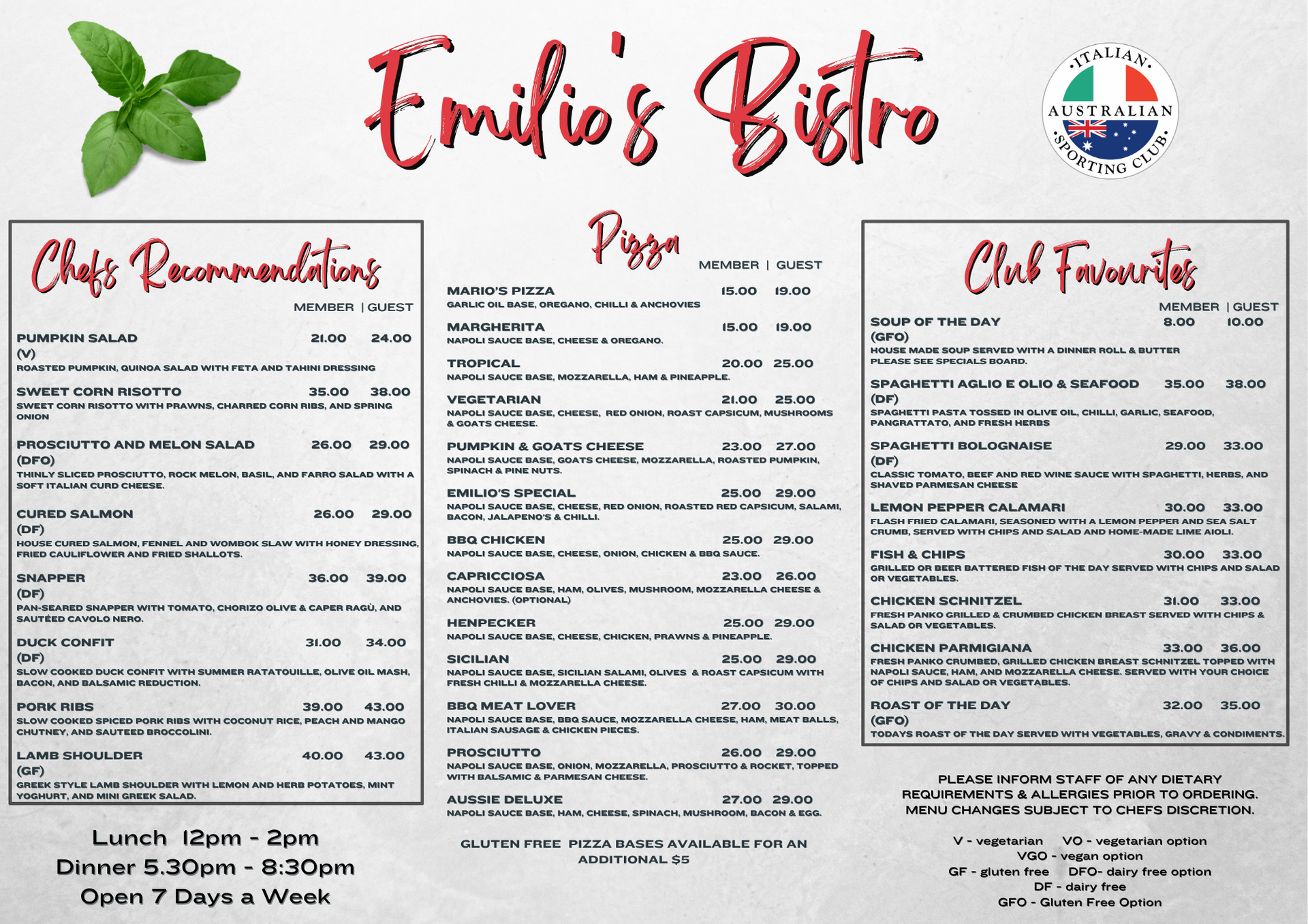 Emilio’s Bistro menu with brunch, pizza, and café favorites on a white background