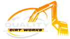 Orange excavator logo with “QUALITY DIRT WORKS” text on a white background
