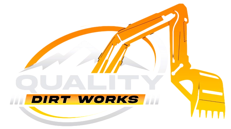 Orange excavator logo with “QUALITY DIRT WORKS” text on a white background