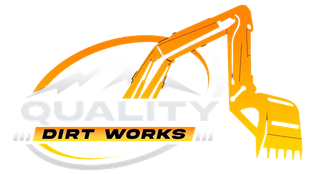 Orange excavator logo with “QUALITY DIRT WORKS” text on a white background