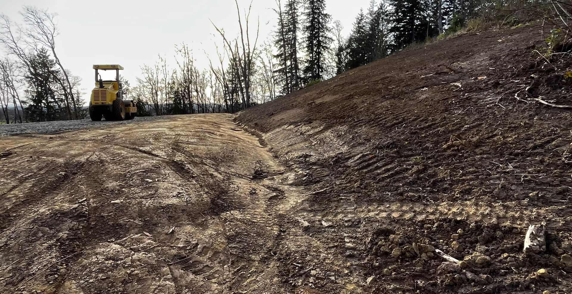 Yellow bulldozer on a bare dirt hillside with sparse trees under a cloudy sky