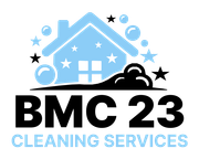 Logo for BMC 23 Cleaning Services: blue house, bubbles, stars, black text 