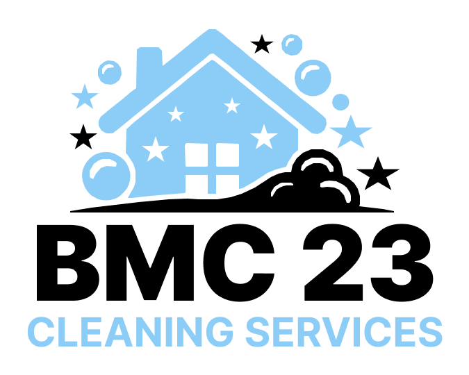 Logo for BMC 23 Cleaning Services: blue house, bubbles, stars, black text 