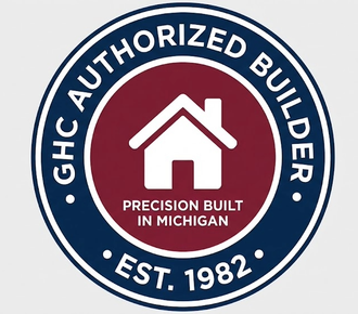 GHC Authorized Builder logo, navy and maroon circular emblem with house icon and “Precision Built in Michigan.”