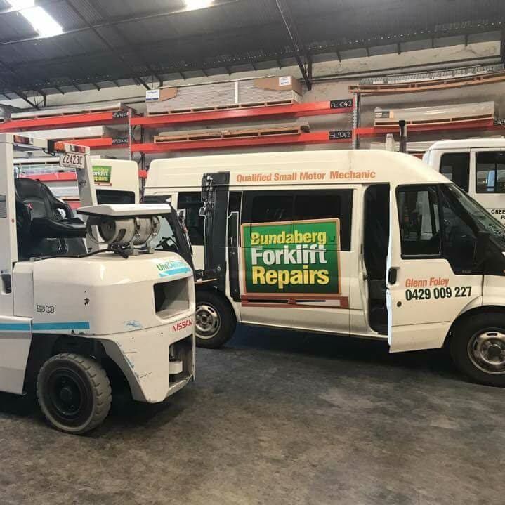 Forklift is Parked Next to a Van That Says Bandaberg Forklift Repairs — Bundaberg Forklift Repairs Bundaberg North, QLD