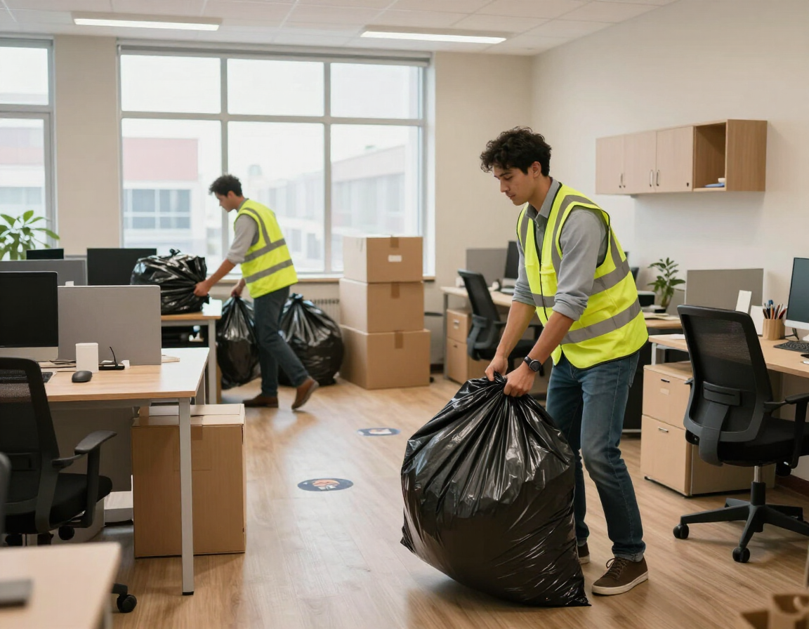 Two workers in yellow safety vests bagging office trash during a move-out cleanup