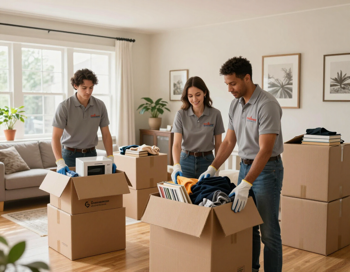 Three people packing boxes in a bright living room during a move