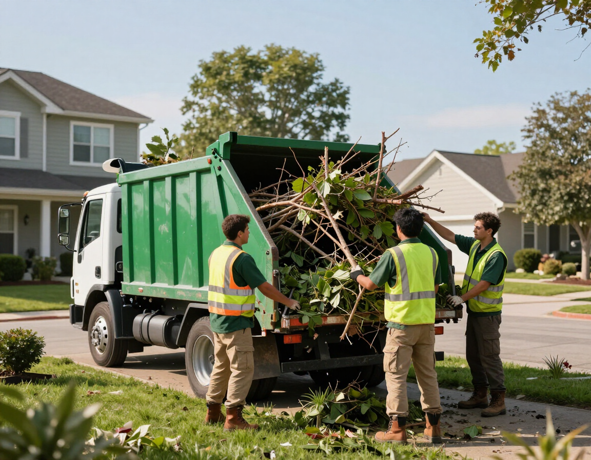Workers loading tree branches into a green truck on a suburban street