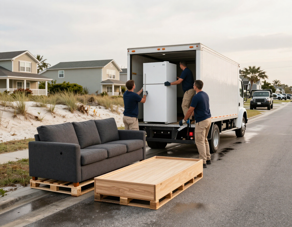 Movers loading a white truck beside a roadside sofa and wooden pallets in a neighborhood