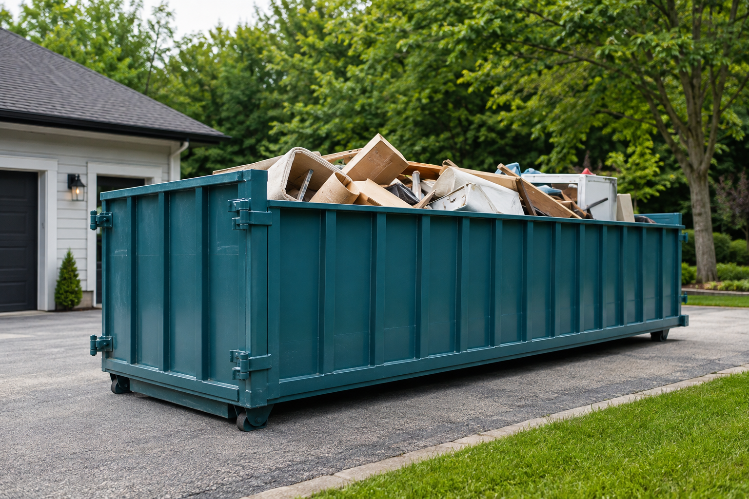 Large teal construction dumpster filled with debris beside a house on a driveway