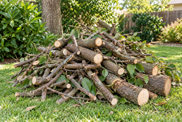 Pile of cut tree branches and logs on grass in a sunny garden