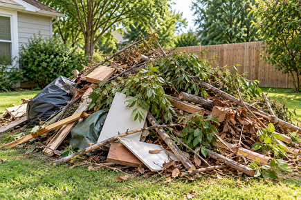 Large pile of yard debris, broken wood, and branches stacked on a grassy lawn beside a fence.