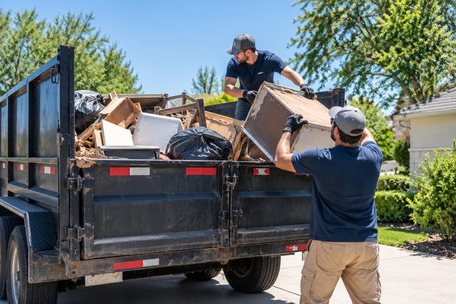 Two workers loading cardboard and debris into a black dump truck in a sunny residential driveway
