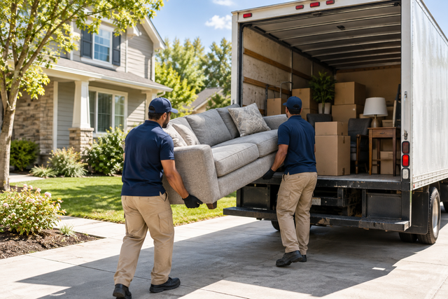 Two movers carrying a sofa into a moving truck outside a suburban house