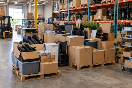 Warehouse aisle with stacked cardboard boxes and palletized equipment on the floor and shelves.