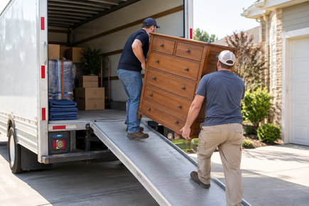 Two movers load a large wooden dresser up a ramp into a moving truck.